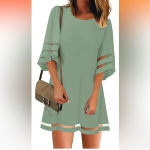 LookbookStore Women Casual Crewneck Mesh Panel 3/4 Bell
Sleeve Loose Tunic Dress